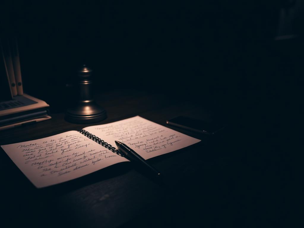 Handwritten notes beside a lamp at night